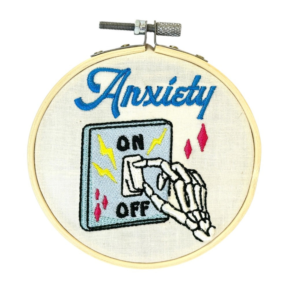 Anxiety Wall Art Skeleton Hand Embroidered Hoop Mental Health Gothic Decor 4 In